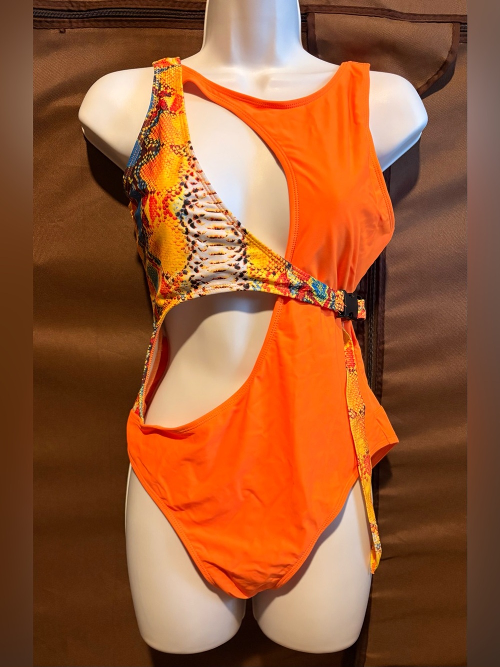 Orange Cutout One-Piece Swimsuit with Snakeskin Accent NWOT Size S/M